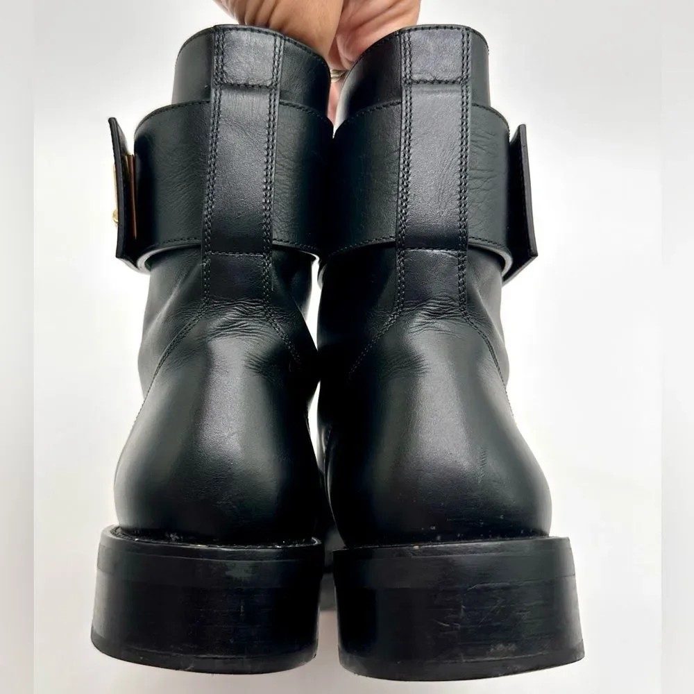 Louis Vuitton Wonderland Ranger Combat Moto Boots Black Leather LV Logo EU 38.5